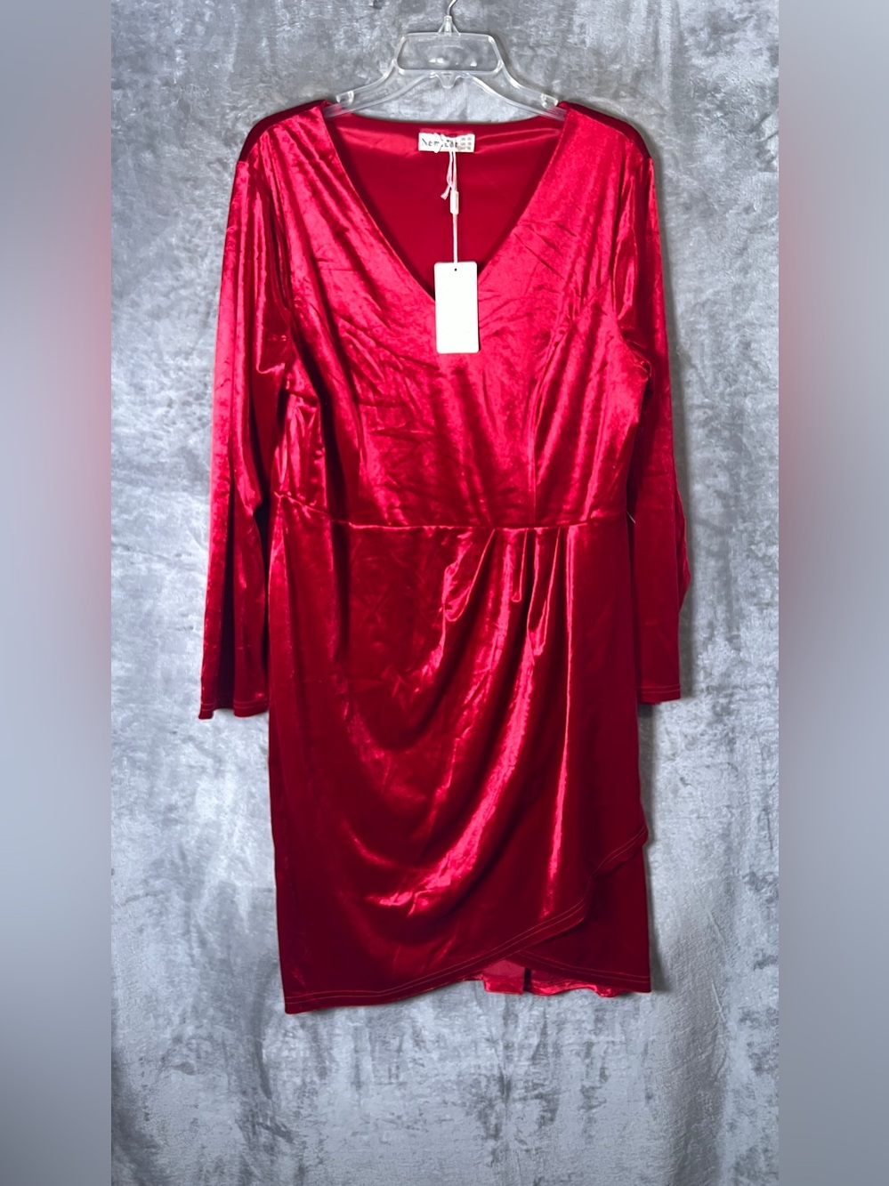 Women’s Red Velvet Asymmetrical Dress with Draped Skirt